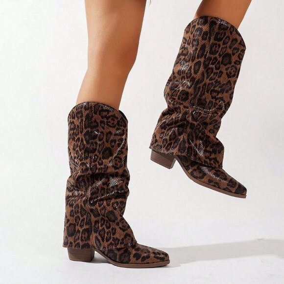 Brown Western Women's Pointed Toe Stacked Heel Tall Shaft leopard print Boots - Picture 1 of 6